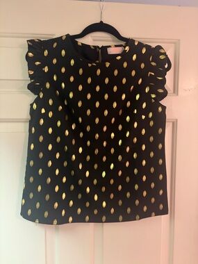Black Boutique Top with Gold Metallic Dot Print Preppy Ruffle Sleeve